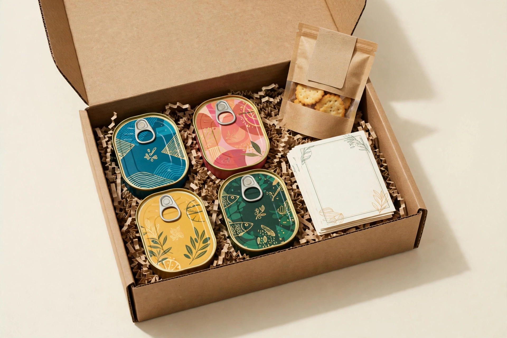 A subscription box of premium sardine tins with tasting cards