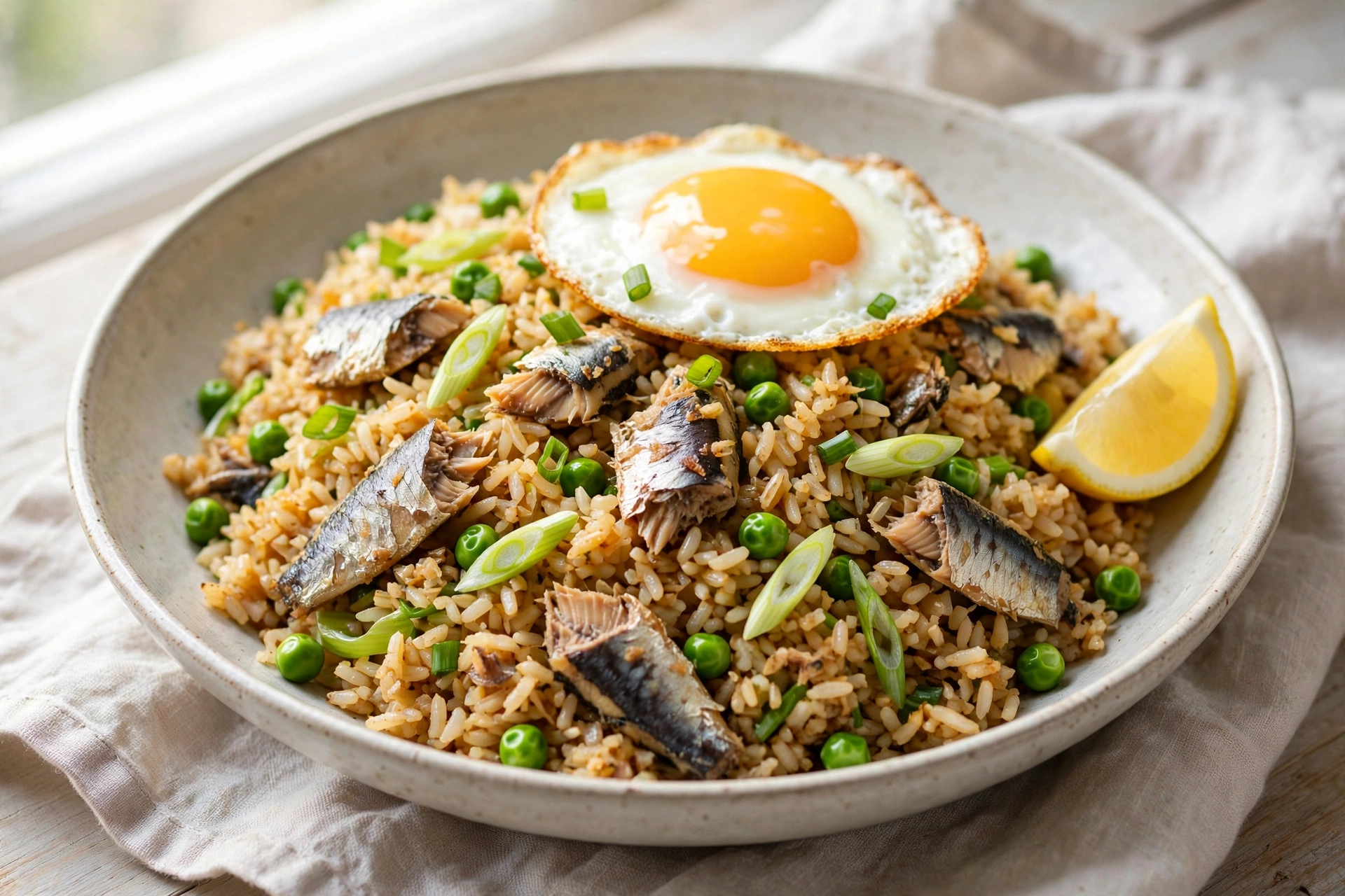 Sardine fried rice with peas, spring onions and a fried egg