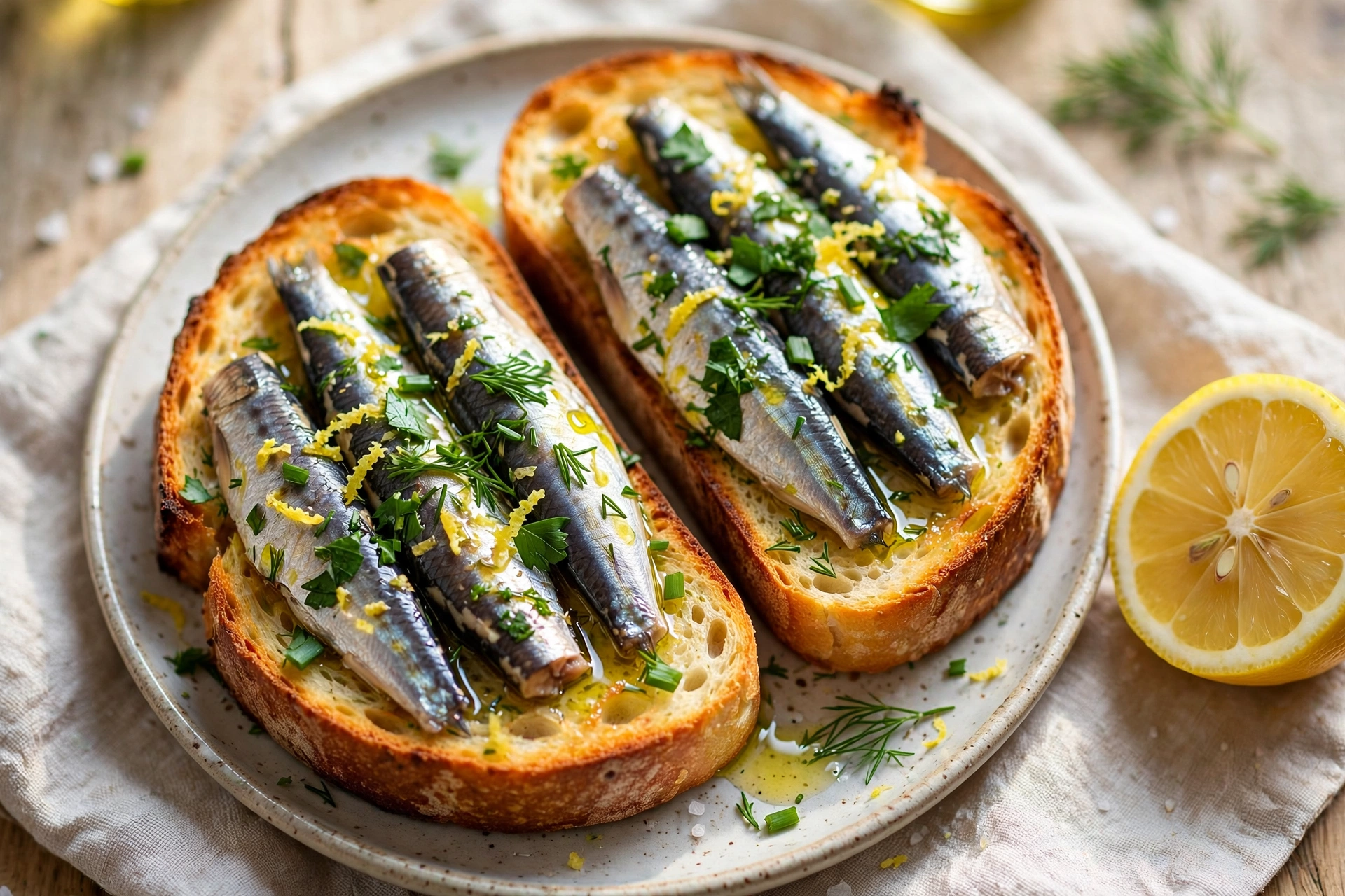 Sardine toast on sourdough with lemon zest and herbs